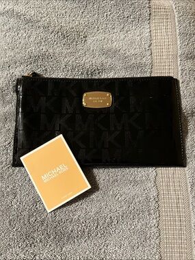 Michael Kors Black Patent Logo Wristlet Pouch with Gold Plate